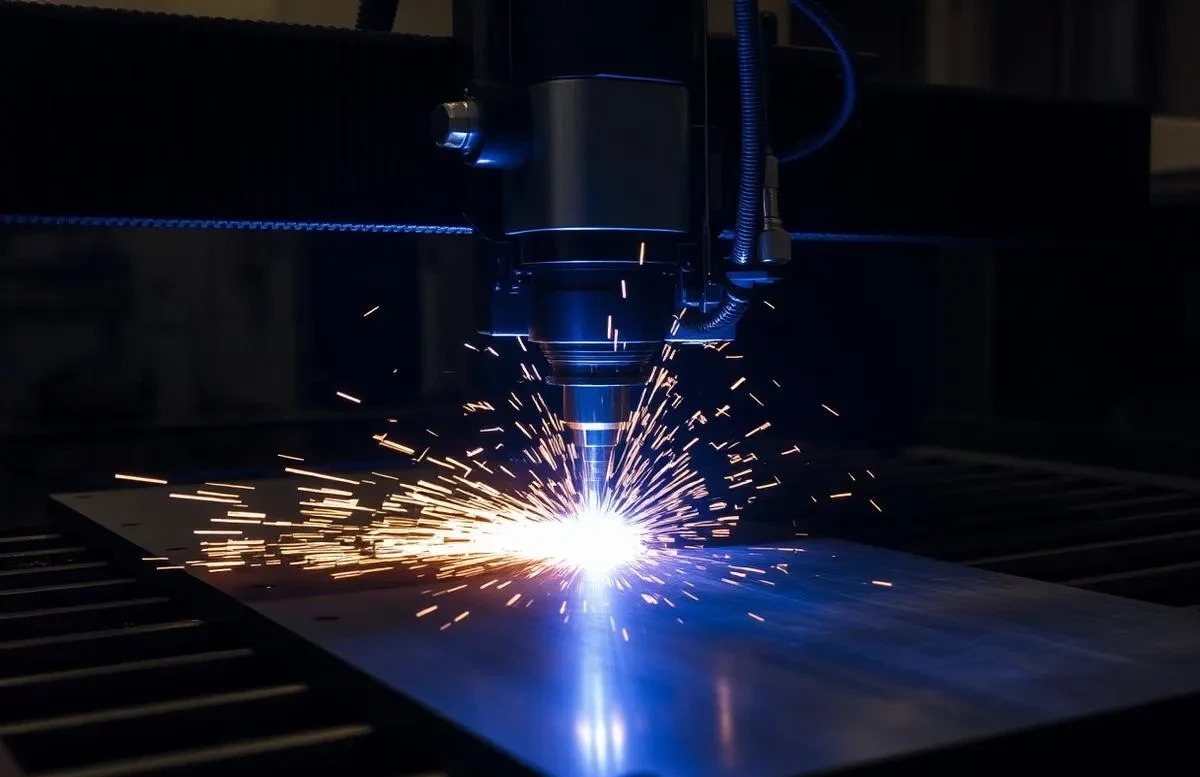 CNC laser cutting machine operating on sheet metal in the factory