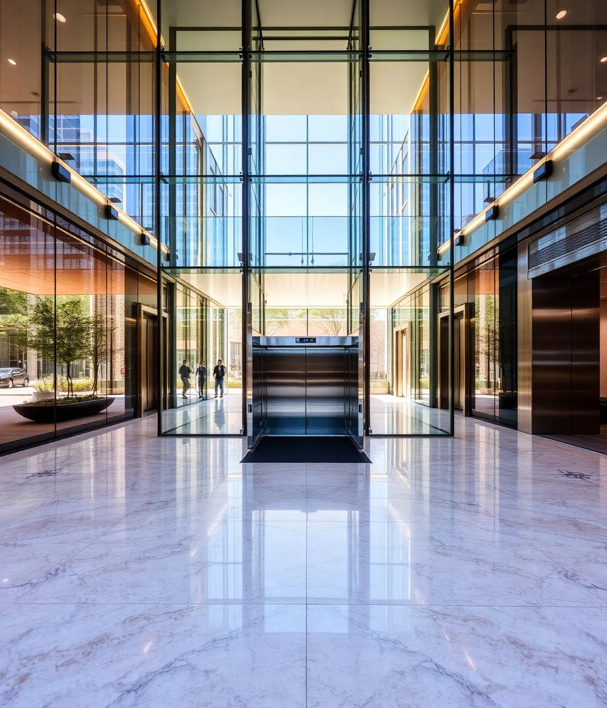 Commercial passenger lift lobby with glass and stainless finishes