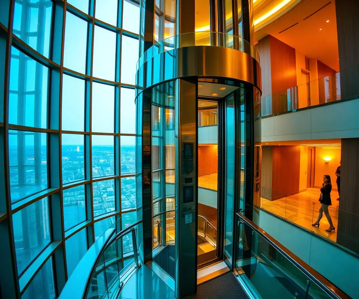 Glass home elevator installed in a residential atrium