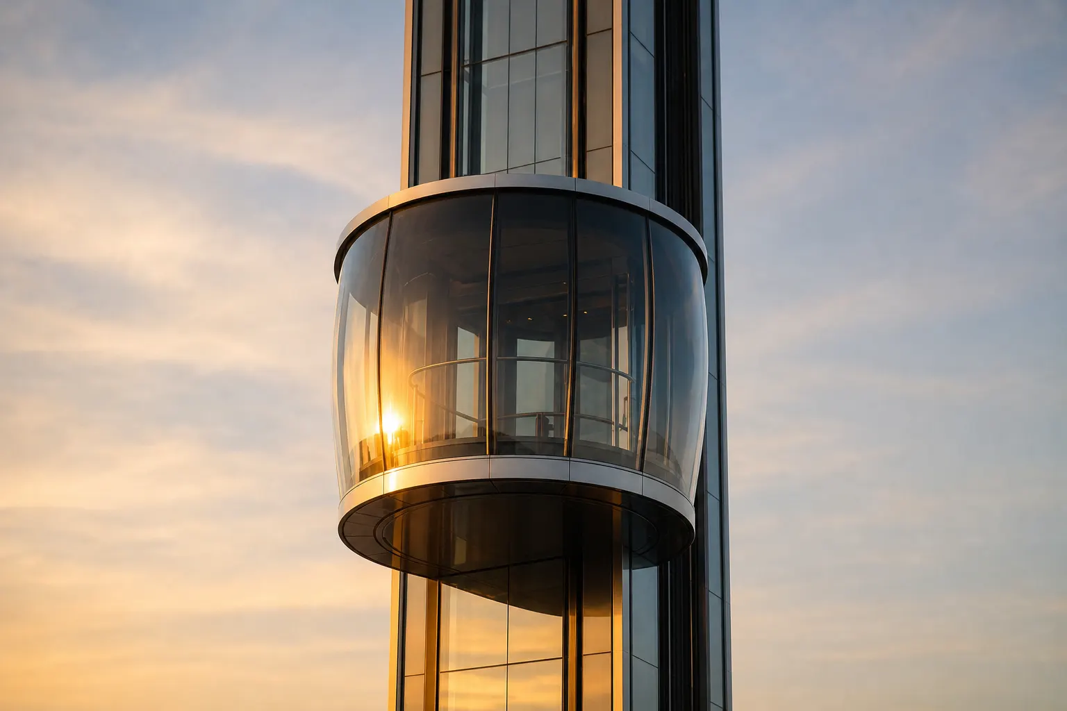 Panoramic glass capsule elevator in a multi-storey atrium