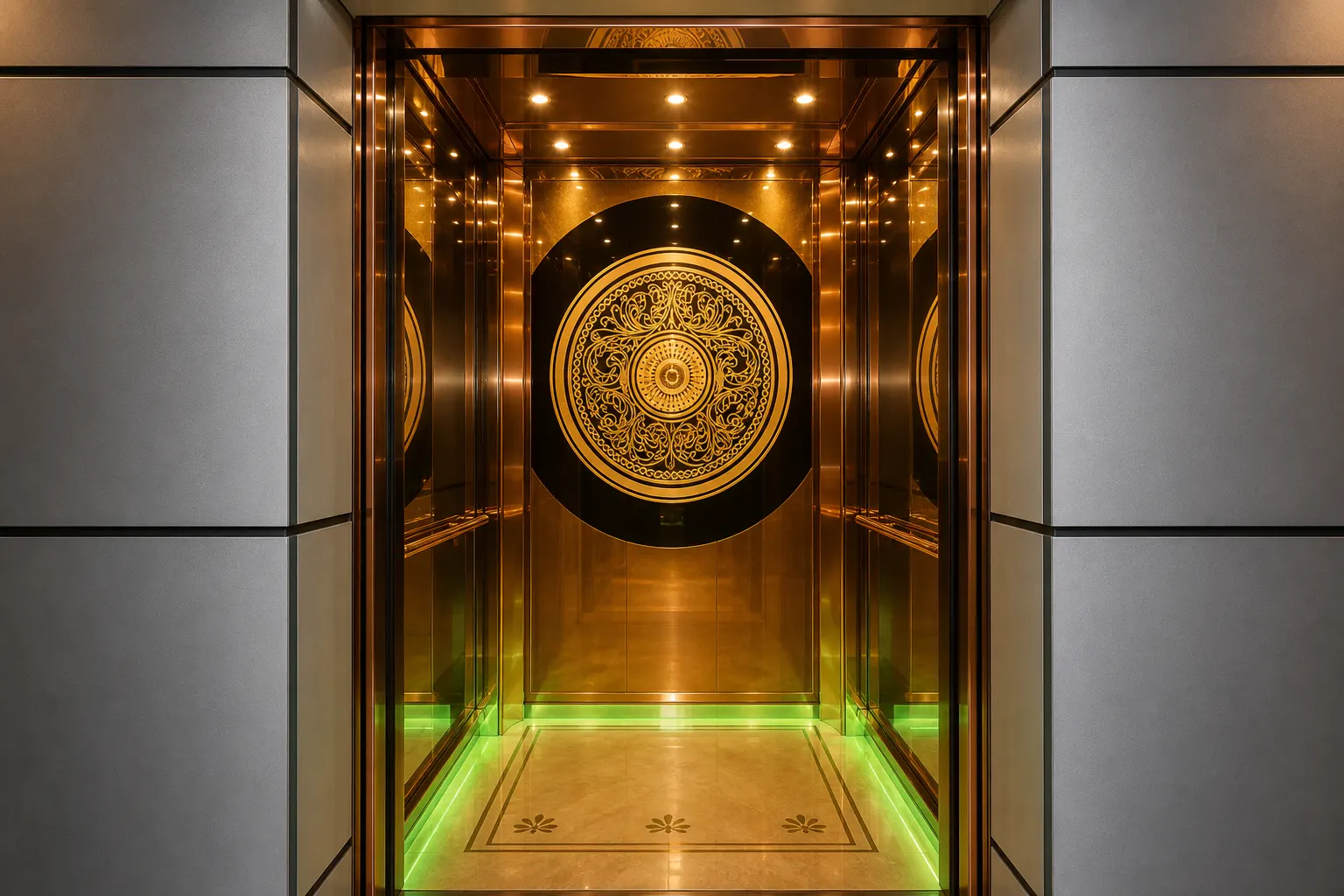 Luxury passenger lift cabin with dark wood panels and gold trim