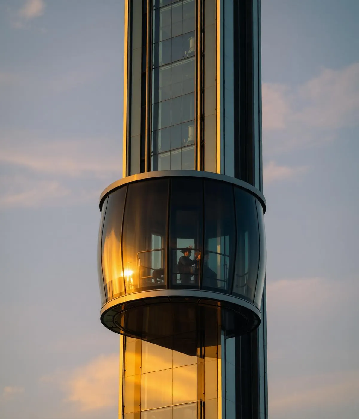 Panoramic glass capsule elevator against a multi-storey building facade