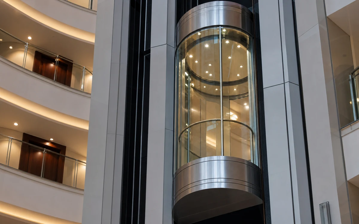 Panoramic glass capsule elevator in atrium