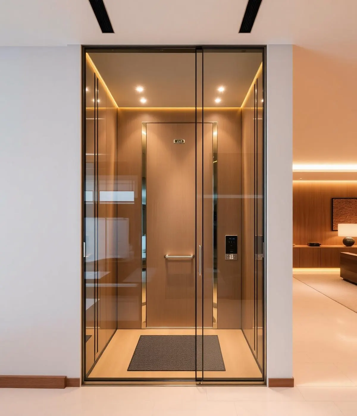 Compact home elevator cabin with light wood interior