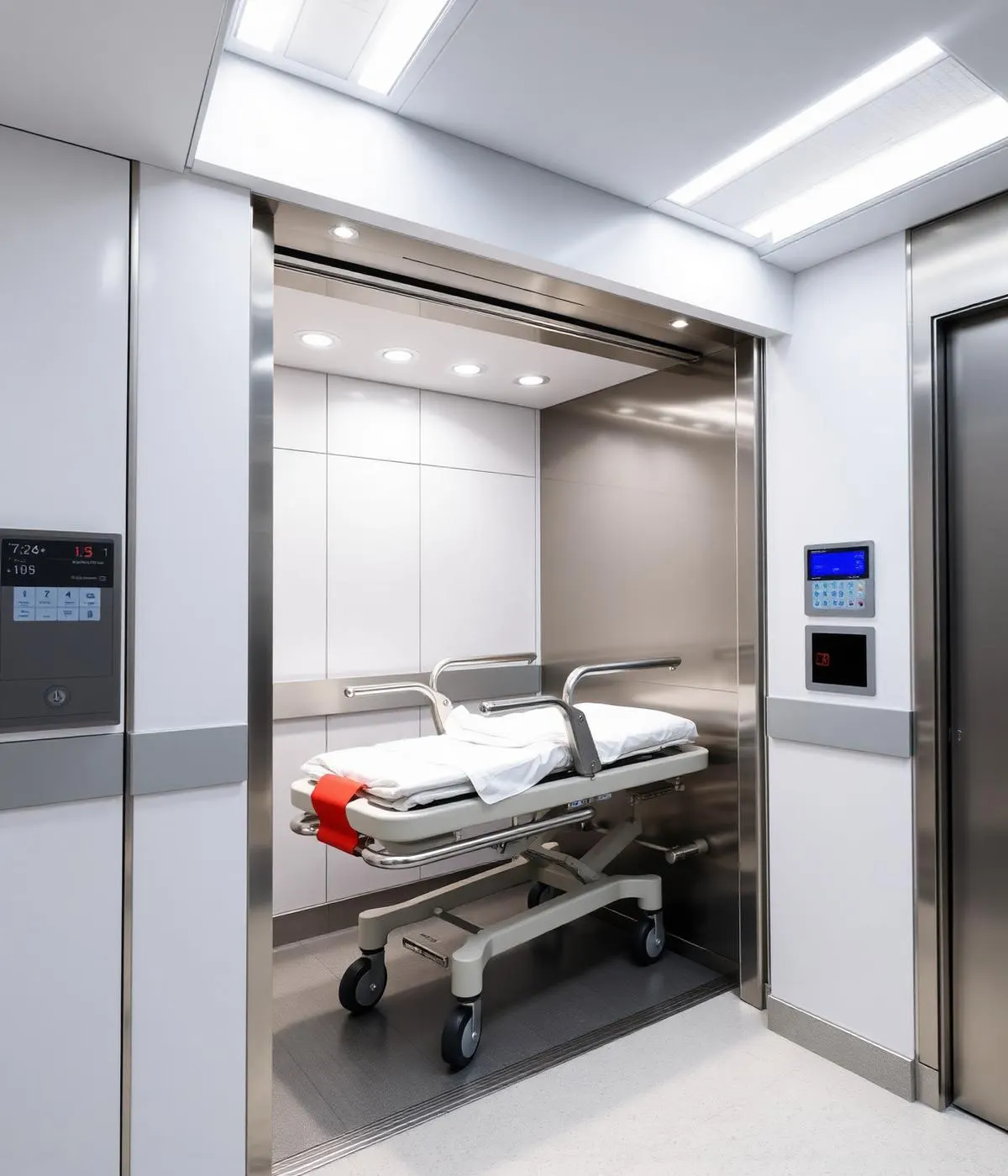 Wide hospital stretcher lift cabin with stainless handrails