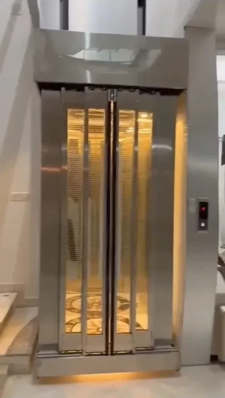 Glass home elevator framed in stainless steel inside a villa atrium