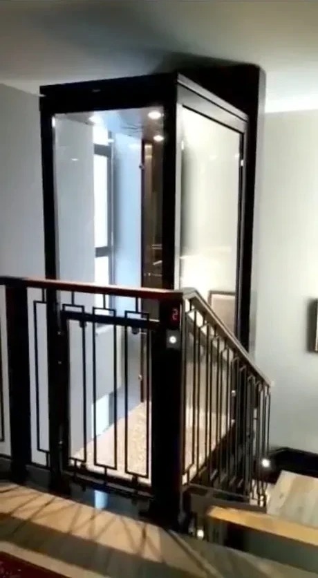 Modernized mirror-polish gold glass lift cabin after control and finish upgrade