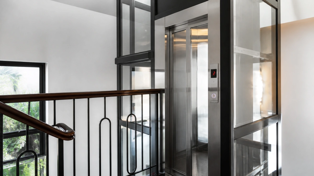 Modernized glass lift beside staircase landing — lift modernization by Great India Elevator